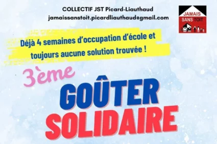 JEUDI 12 DÉCEMBRE à 16H30 3eme GOUTER SOLIDAIRE. Soutien au collectif « Jamais sans toit » de l’école Picard-Liauthaud .